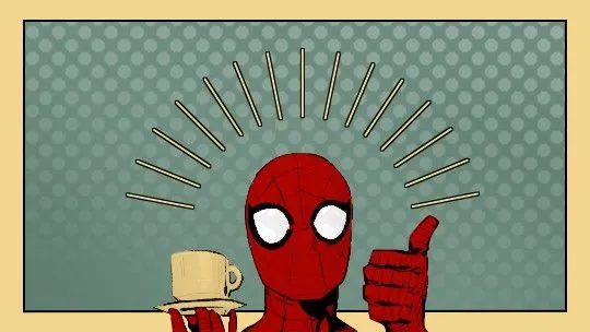 Spider-Man holding tea and giving a thumbs up